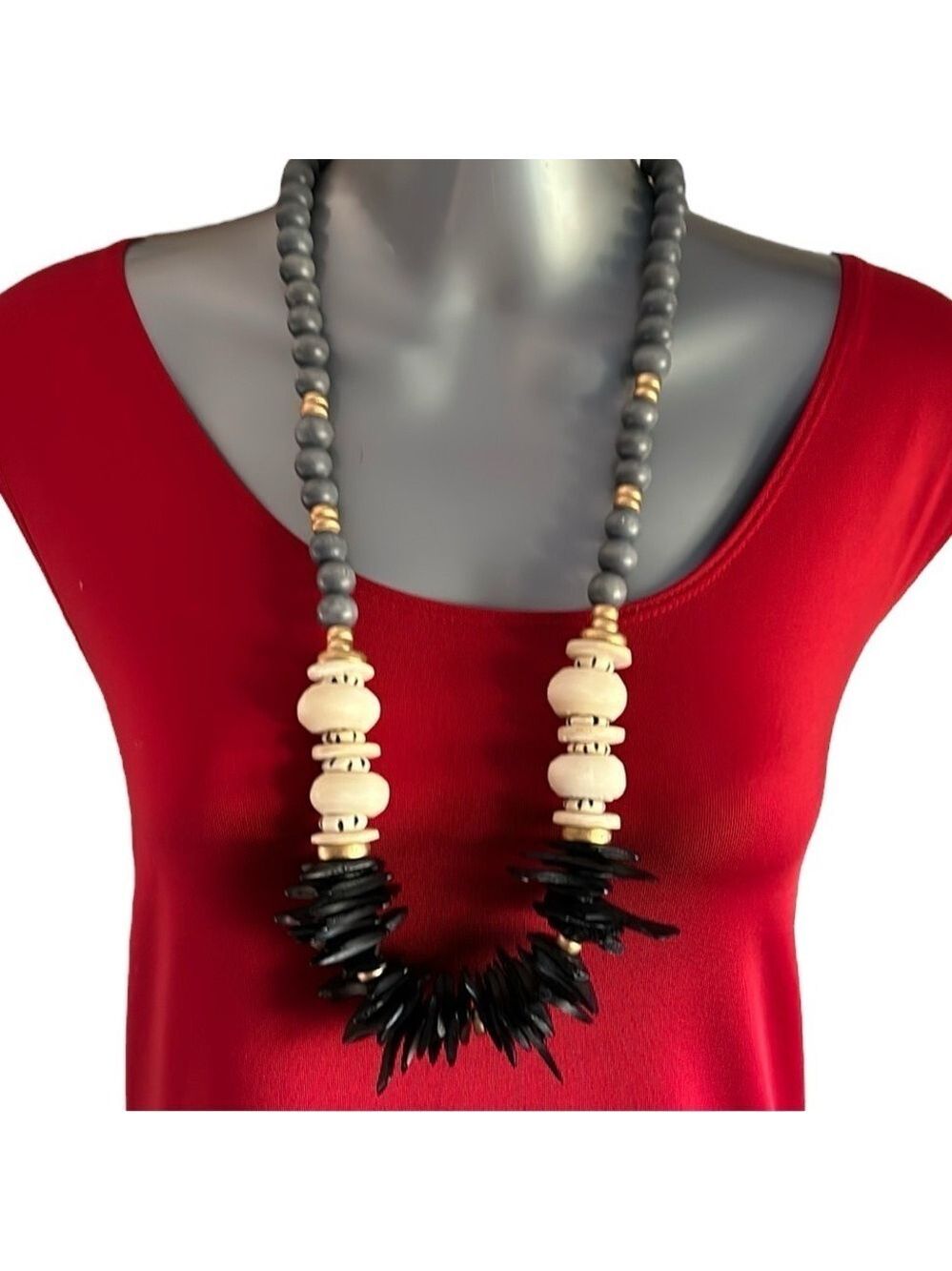 Boho Ethnic Wooden Round, Disk and Stick Bead Statement Necklace